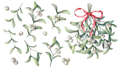 Mistletoe watercolor set. Mistletoe bouquet with red bow. Mistletoe branches, leaves, white berries. Christmas elements.