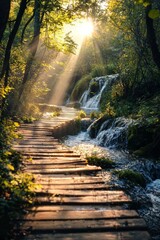 Obraz premium A wooden pathway through a landscape filled with ponds and cascading waterfalls