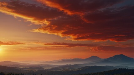 Realistic illustration of a sunrise landscape behind the mountains with beautiful orange light in the sky that is pleasing to the eye