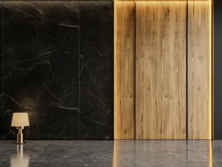 Modern Interior Design with Black Marble and Wooden Panel Wall