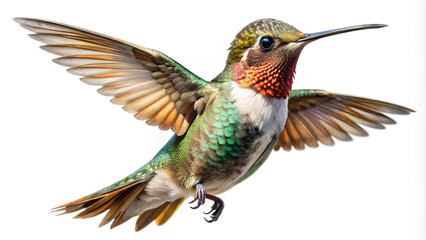 Fototapeta premium Stunning ruby throated hummingbird captured mid-flight with iridescent plumage and delicate wings, showcasing nature's vibrant beauty and incredible agility