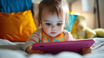 A young girl in a colorful onesie is looking intently at a pink tablet in bed.