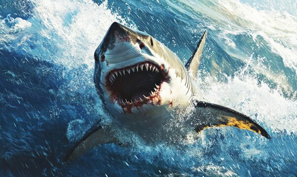 A Great White shark leaps from the water with its jaws open, showing sharp teeth.