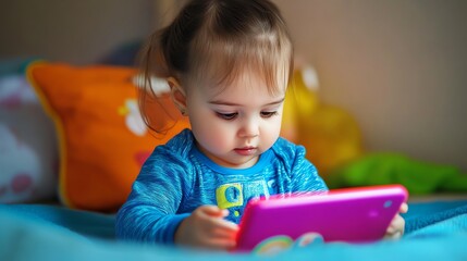 A little girl in a blue shirt is looking at a tablet.