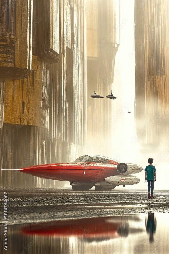 Poster A Child Explores a Misty Futuristic City With a Sleek Red Hovercraft Amidst Towering Structures
