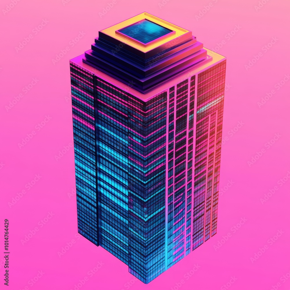 Poster isolated synthwave skyscraper with a vibrant color palette, set against a blank background.