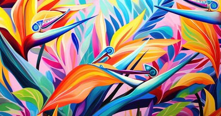 Fototapeta premium A beautiful color vibrant and colorful pattern featuring tropical flowers