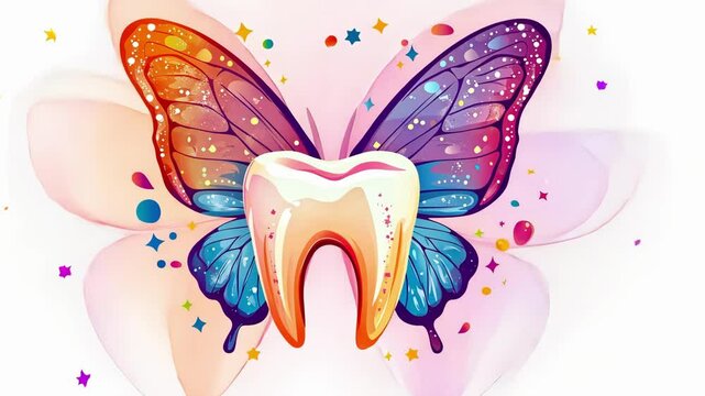 Colorful tooth fairy wings with sparkle and magic elements on white background