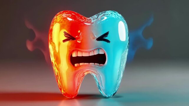 Split tooth with angry expression, highlighting hot and cold sensations