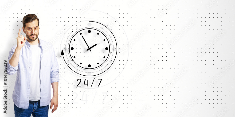 Poster businessman illustrating time management concept with clock icon on a white background.