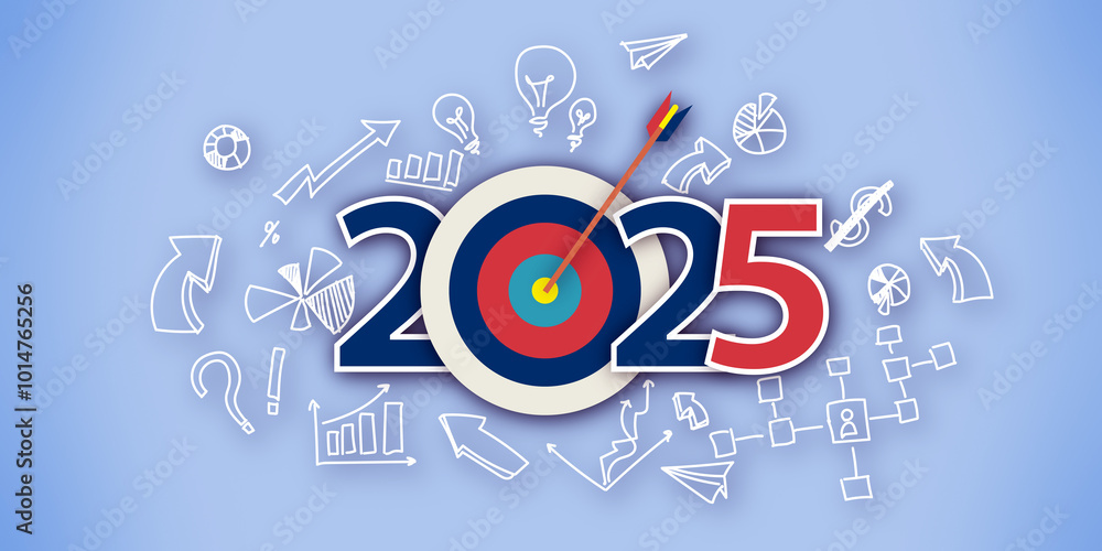 Poster Creative concept for 2025 target with goal-focused design elements and a blue background. 3D Rendering