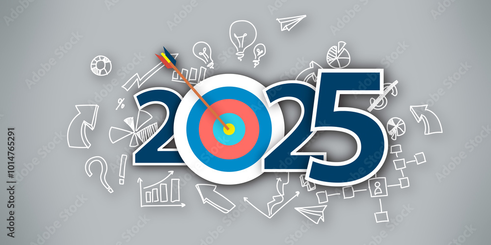 Aufkleber Concept of 2025 with target design and creative elements on a gray background. 3D Rendering