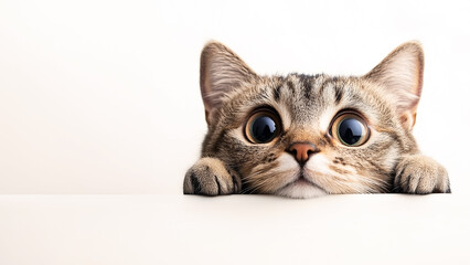 Curious Cat with Wide Eyes Looking Over Edge. Funny tabby kitten with copy space.