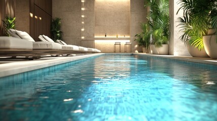 Obraz premium A serene indoor pool area with lounge chairs and greenery, promoting relaxation and leisure.