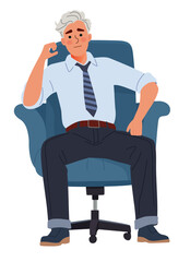 Flat-style illustration shows a young man with white hair sitting in a large office chair.