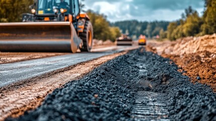 Construction scene with machinery working on a road.
