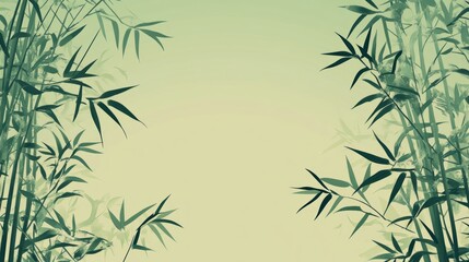 Fototapeta premium Green bamboo leaves frame a pale green background with space for text.