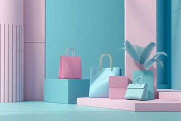 A contemporary shopping scene featuring pastel-colored bags and minimalist decor in soft blue and pink tones, perfect for retail and fashion themes.