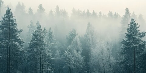 Obraz premium A serene winter forest covered in snow and mist, creating a tranquil and mystical atmosphere. Perfect for nature lovers and winter scenes.