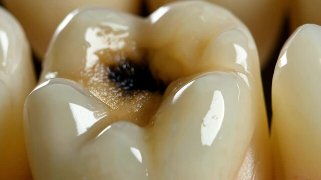 Close-up of tooth decay on molar surface highlighting dental health issues