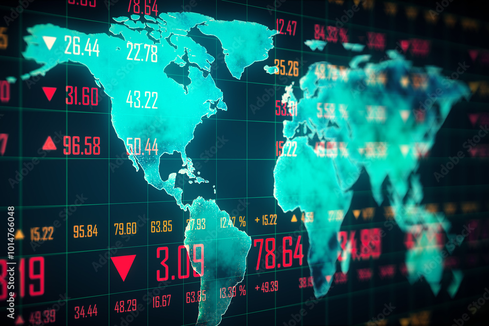 Aufkleber Digital world map with financial data and market indexes displayed. 3D Rendering