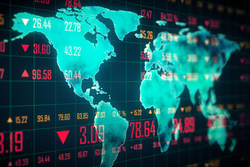 Digital world map with financial data and market indexes displayed. 3D Rendering