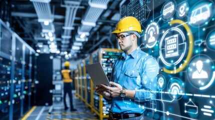 Fototapeta premium Double exposure of engineer with oil refinery background and industrial instrument icons