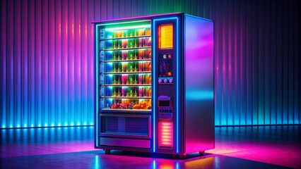 A retro 1980s vending machine, with holographic snacks glowing in neon colors