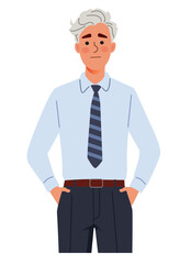 A flat-style illustration of a young man with white hair standing confidently