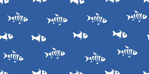 Fishes swimming on a blue background. Pattern of white silhouettes of fish.