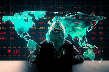 Digital map overlay with hacker working on laptop.