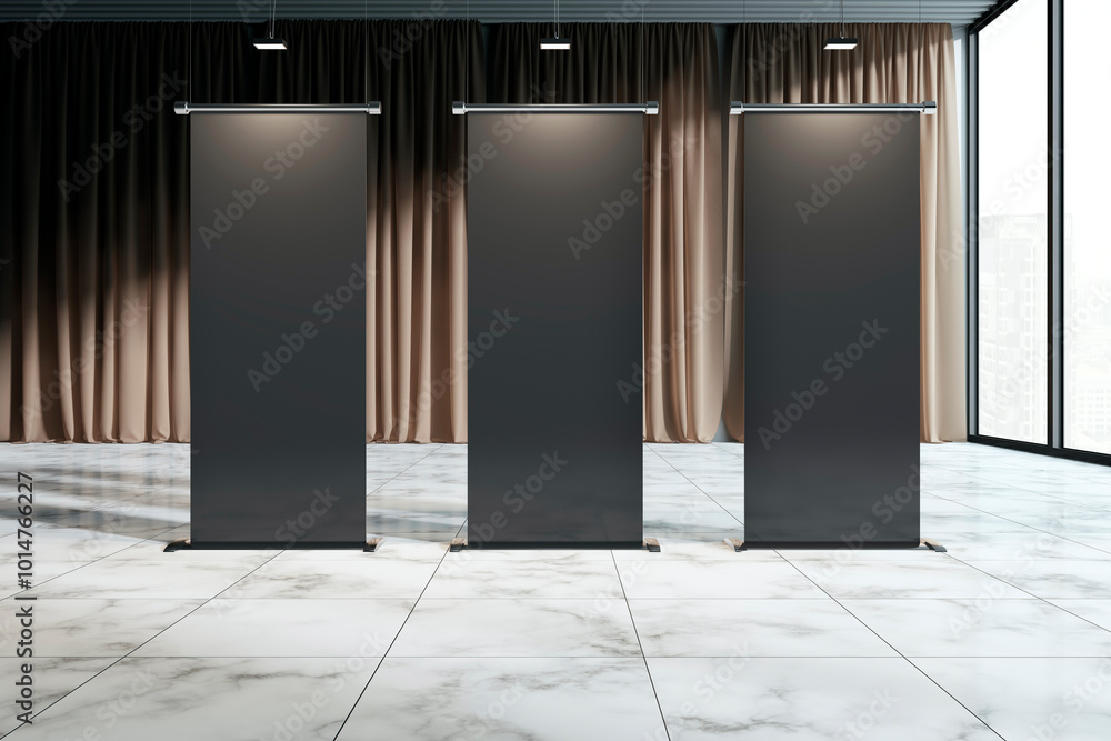 Aufkleber display stands in a modern interior exhibition space with curtains and large windows. 3d rendering