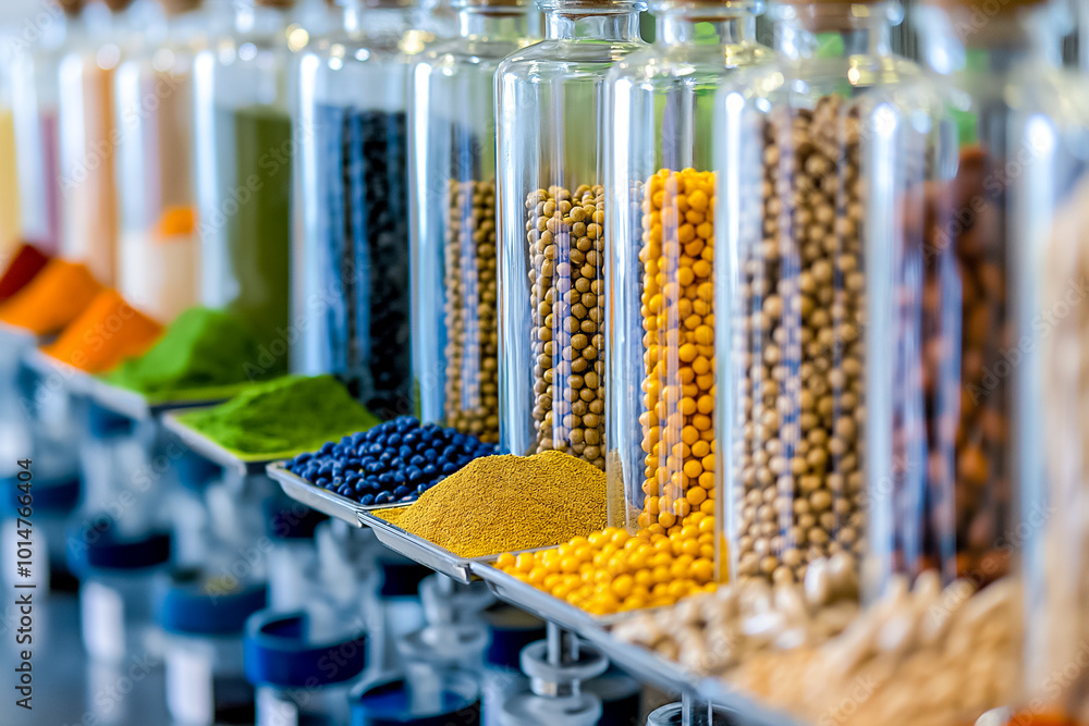 Aufkleber a vibrant display of spices and legumes fills glass containers, showcasing an array of colors includ
