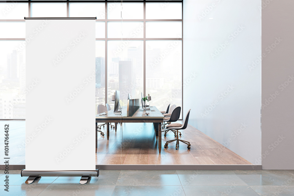 Poster modern office interior with a roll-up banner and large windows overlooking a city skyline. 3d render