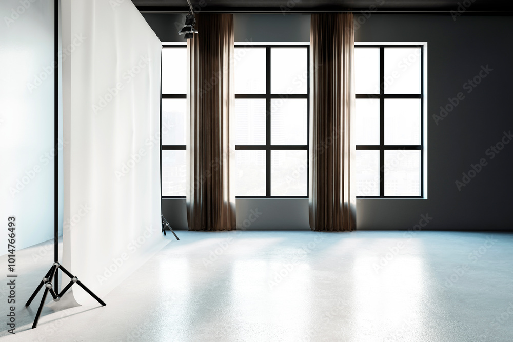 Poster studio interior with empty backdrop and large windows for professional shoots. 3d rendering
