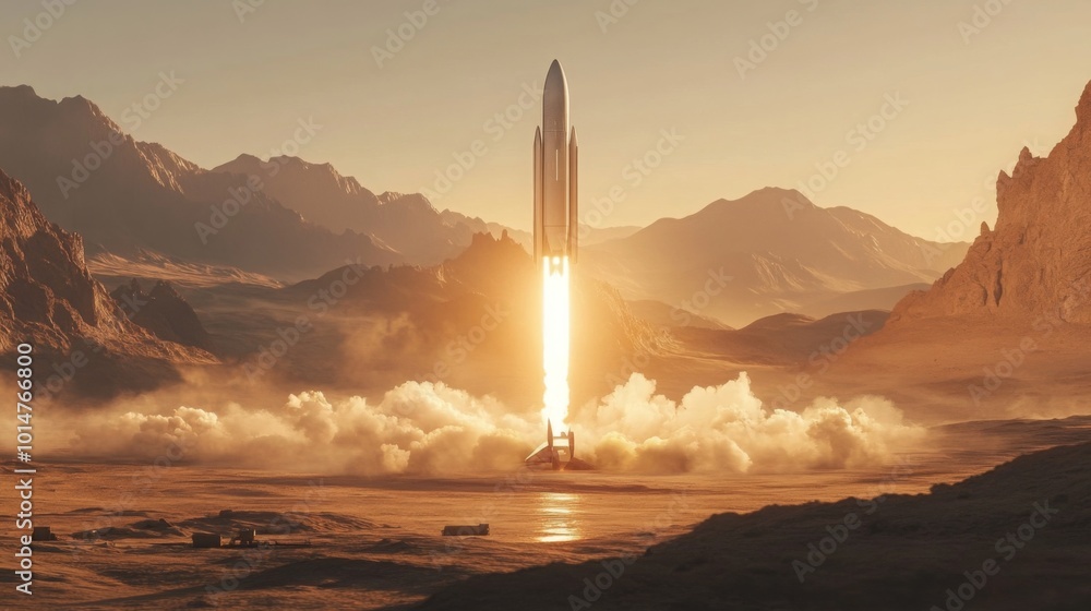 Poster A powerful launch occurs as a rocket ascends against a scenic backdrop of mountains and a glowing sky. The fiery thrust propels it upward, creating an impressive cloud of dust and smoke.