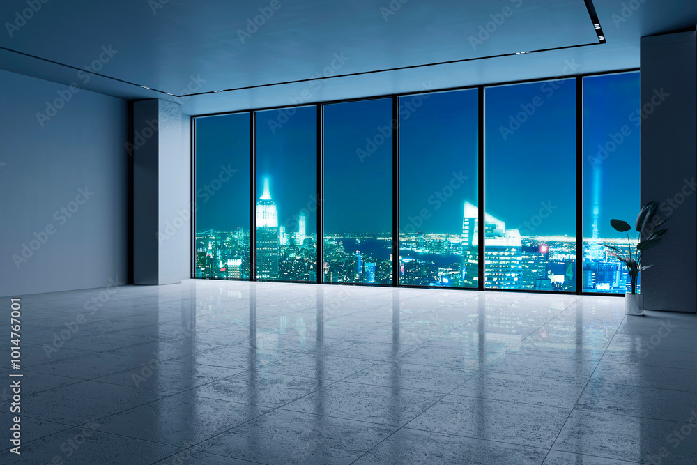 Poster empty office room with city view at night. 3d rendering