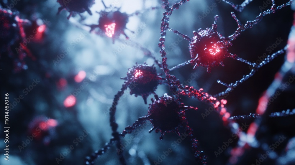 Poster close-up view of interconnected cells with glowing elements, depicting biological structures.