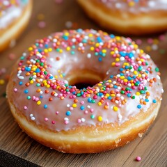 Deliciously glazed donut adorned with colorful sprinkles on beautifully textured wooden table
