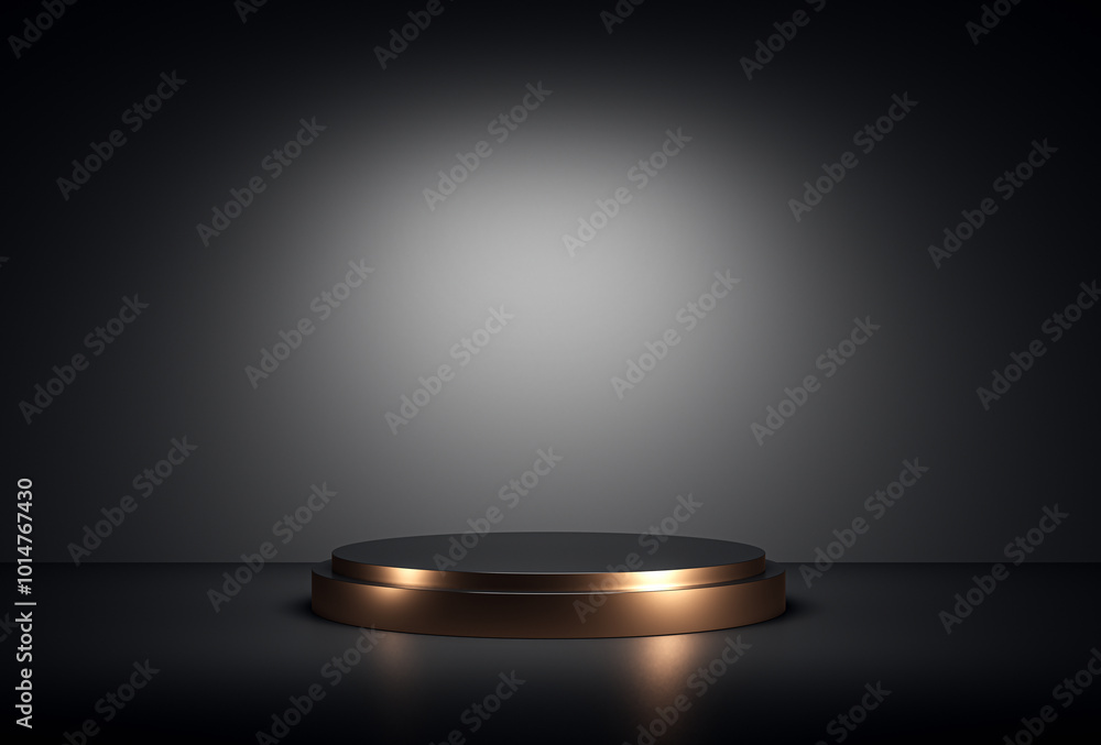 Aufkleber modern pedestal display in a dark room with spotlight illumination. 3d rendering