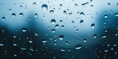 Close-up of water droplets on a window pane, creating a serene and calming atmosphere in a rainy environment.