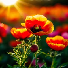 Fototapeta premium A field filled with striking red and yellow poppies captures the brilliant colors of spring as the sun sets, highlighting the blossoms vibrant glow. Generative AI
