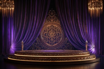 Elegant stage with purple curtains and ornate backdrop, ideal for performances or events.