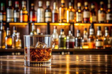 Close-up whiskey with ice on bar counter