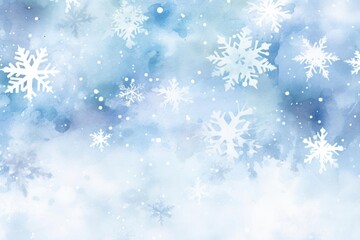 Design an enchanting watercolor graphic featuring softly brushed falling snowflakes in a wide-angle perspective The intricate mix of snowflakes in varying sizes and shapes