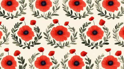 Fototapeta premium Seamless Pattern of Red Poppies and Green Leaves on a Cream Background for Fabric and Wallpaper Design