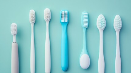 A row of toothbrushes on a blue background.