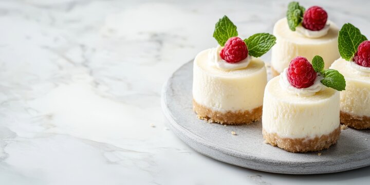 Delicious mini cheesecakes topped with fresh raspberries and mint leaves on a marble surface.