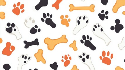 Seamless pattern with paw prints and bones on white background.