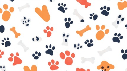 Fototapeta premium Seamless pattern of dog paw prints and bones in black, orange, pink and white on white background.